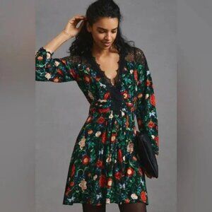 By Anthropologie Floral Lacy V-Neck Mini Dress NWT